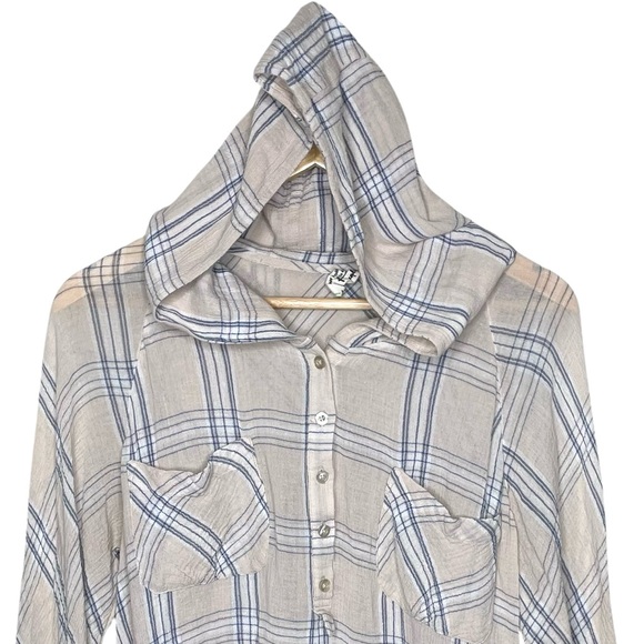 Free People Plaid Gauzy Pullover Hoodie Shirt Tan Large - Picture 4 of 10